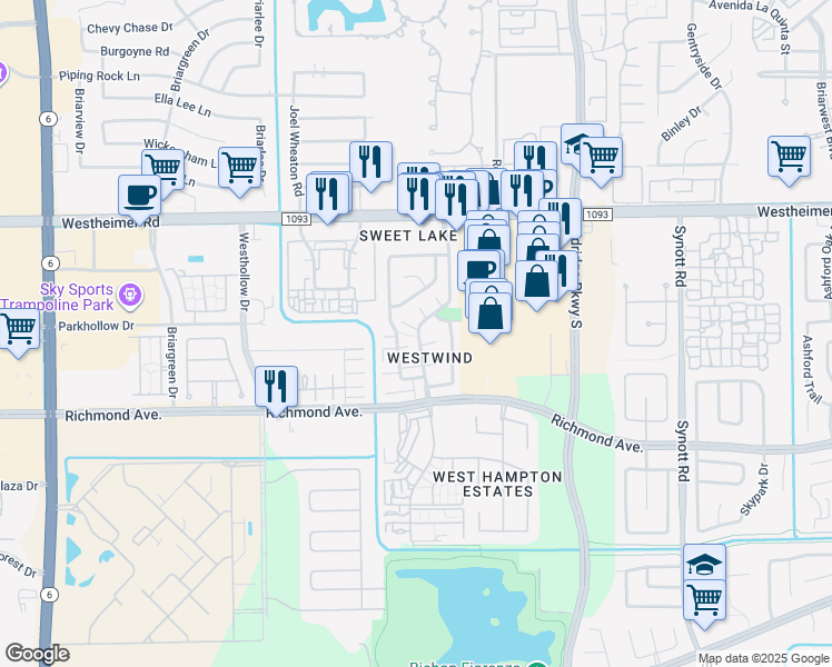 map of restaurants, bars, coffee shops, grocery stores, and more near 13510 Hollowgreen Drive in Houston