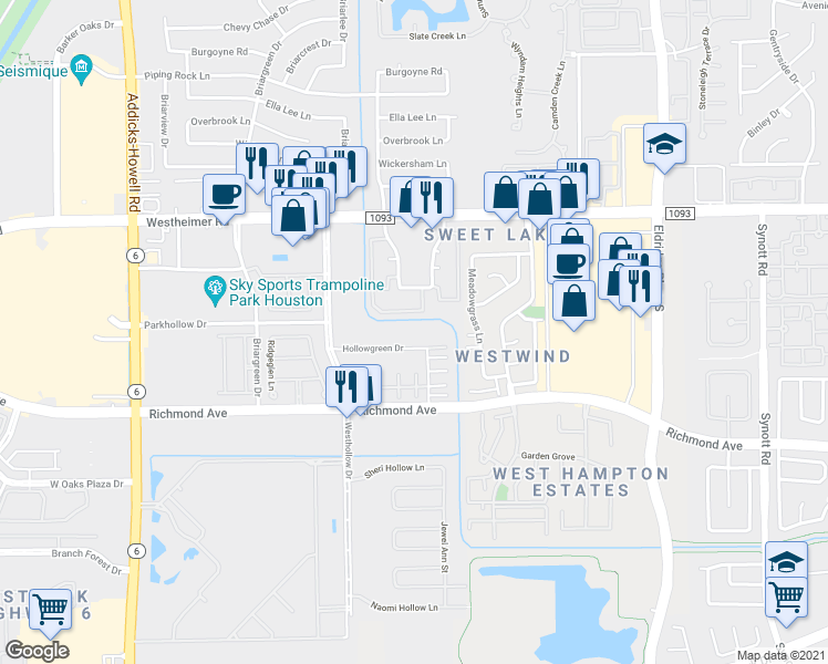 map of restaurants, bars, coffee shops, grocery stores, and more near 13724 Hollowgreen Drive in Houston
