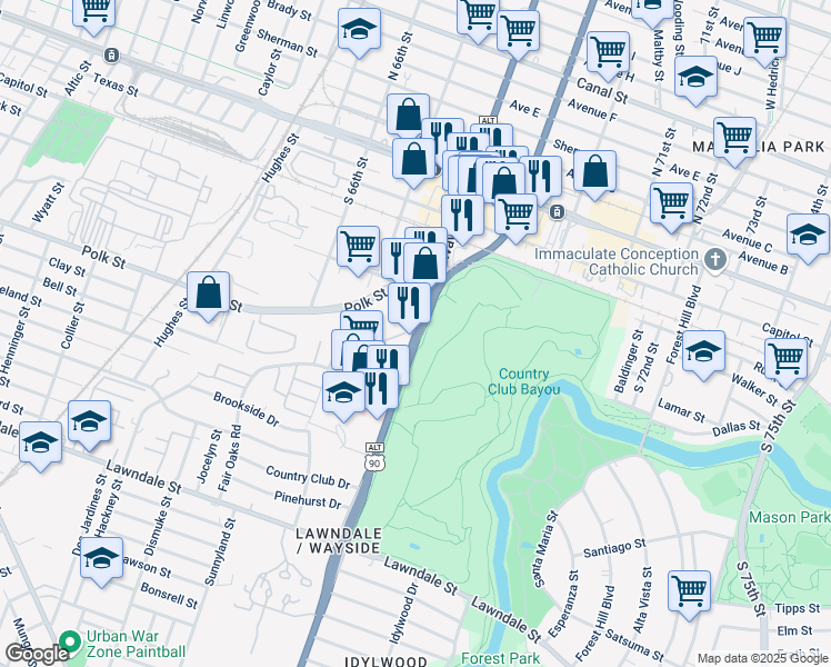 map of restaurants, bars, coffee shops, grocery stores, and more near 708 South Wayside Drive in Houston