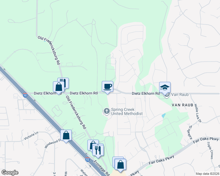 map of restaurants, bars, coffee shops, grocery stores, and more near 9150 Dietz Elkhorn Road in Boerne