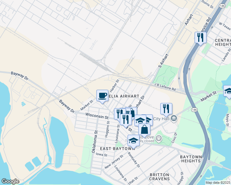 map of restaurants, bars, coffee shops, grocery stores, and more near 1230 Cherry Street in Baytown