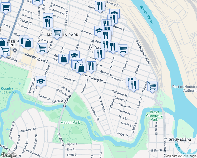 map of restaurants, bars, coffee shops, grocery stores, and more near 7634 Harrisburg Boulevard in Houston