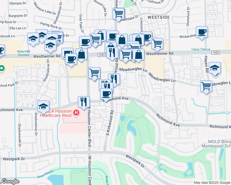 map of restaurants, bars, coffee shops, grocery stores, and more near 11994 Richmond Avenue in Houston