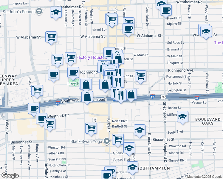map of restaurants, bars, coffee shops, grocery stores, and more near 3963 Kirby Drive in Houston