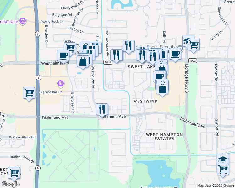 map of restaurants, bars, coffee shops, grocery stores, and more near 13724 Hollowgreen Drive in Houston