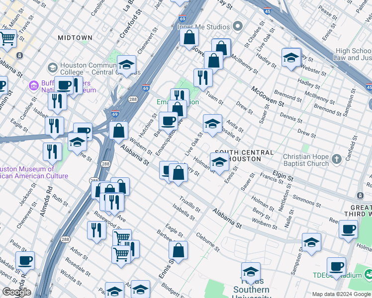map of restaurants, bars, coffee shops, grocery stores, and more near 2521 Holman Street in Houston