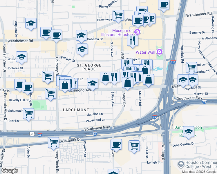 map of restaurants, bars, coffee shops, grocery stores, and more near in Houston