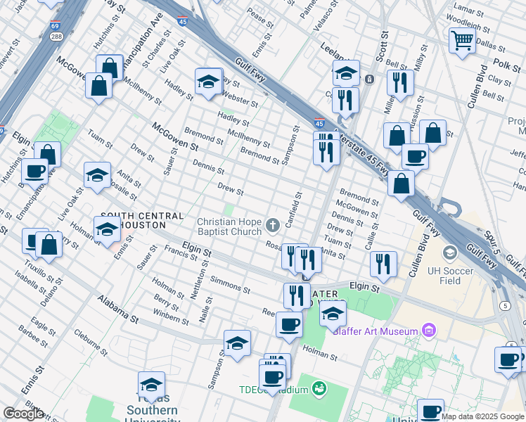 map of restaurants, bars, coffee shops, grocery stores, and more near 3410 Drew Street in Houston