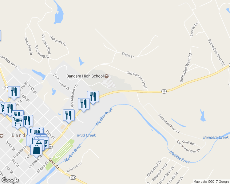 map of restaurants, bars, coffee shops, grocery stores, and more near Highway 16 in Bandera