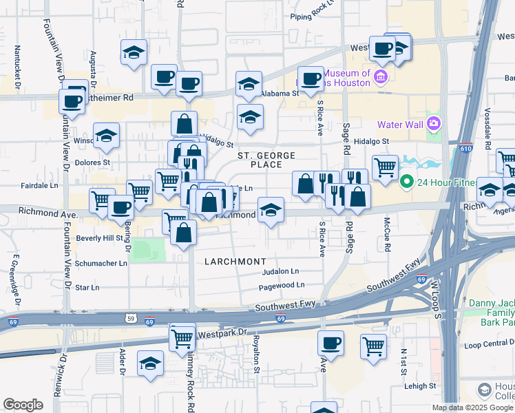 map of restaurants, bars, coffee shops, grocery stores, and more near 5412 Richmond Avenue in Houston