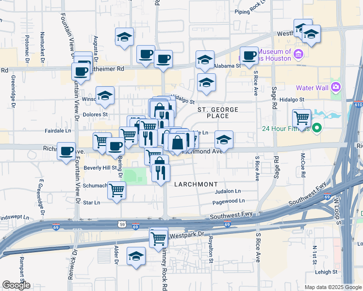 map of restaurants, bars, coffee shops, grocery stores, and more near 5520 Richmond Avenue in Houston