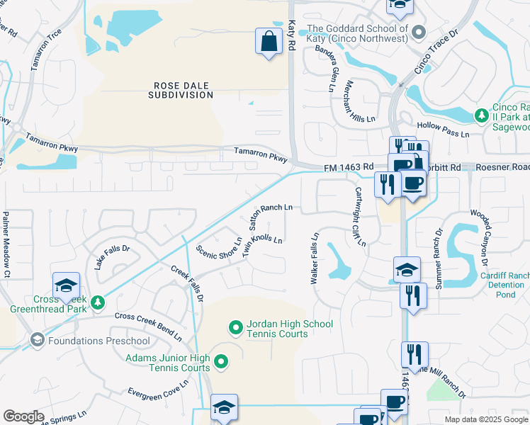 map of restaurants, bars, coffee shops, grocery stores, and more near 3502 Big Hickory Court in Fulshear