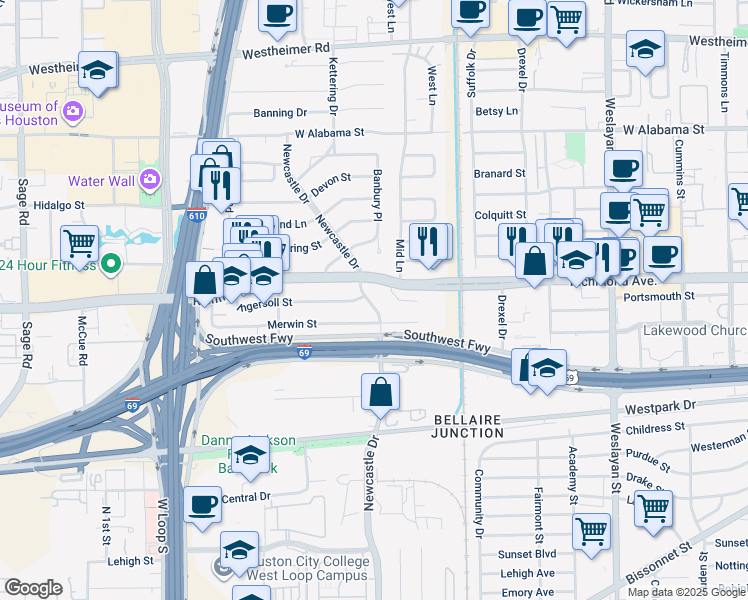map of restaurants, bars, coffee shops, grocery stores, and more near 3627 Newcastle Drive in Houston