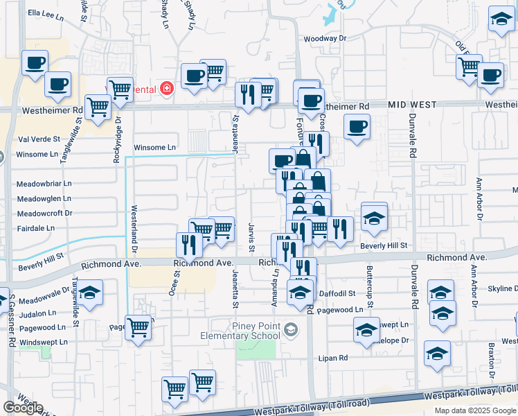 map of restaurants, bars, coffee shops, grocery stores, and more near 9010 Gabriel Street in Houston