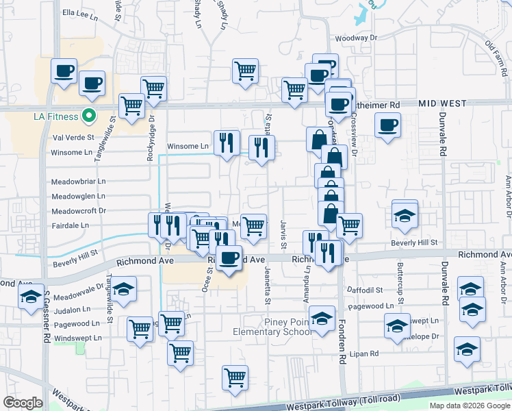 map of restaurants, bars, coffee shops, grocery stores, and more near 3100 Jeanetta Street in Houston