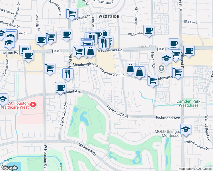 map of restaurants, bars, coffee shops, grocery stores, and more near 11635 Royal Oaks View in Houston