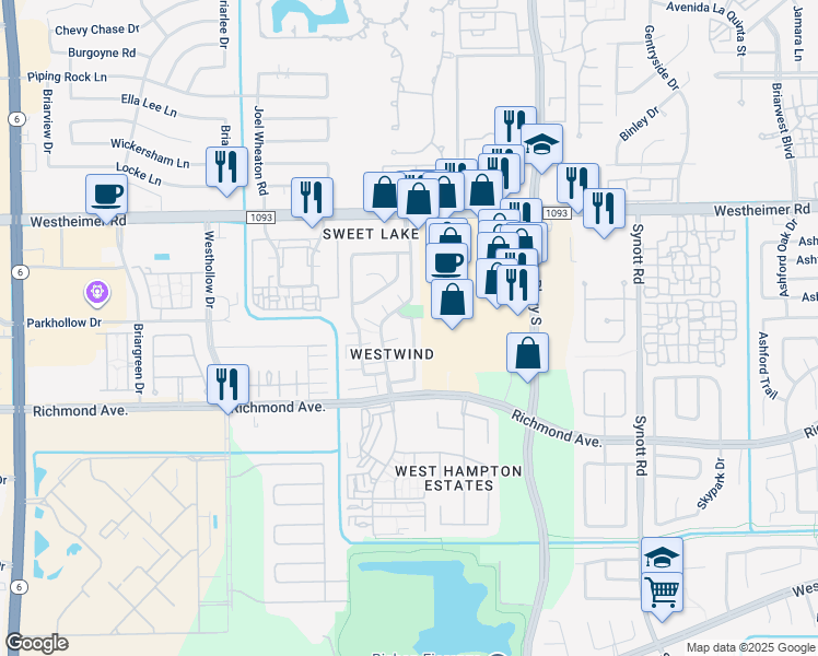map of restaurants, bars, coffee shops, grocery stores, and more near 2919 Shadow Trail Drive in Houston
