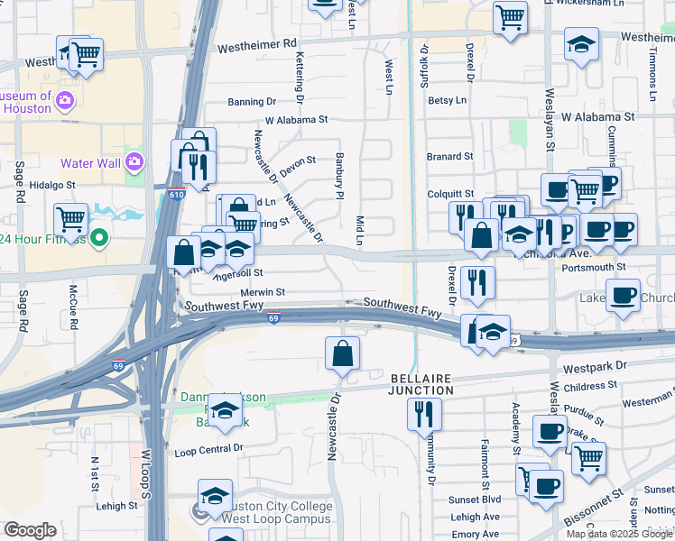 map of restaurants, bars, coffee shops, grocery stores, and more near 3627 Newcastle Drive in Houston