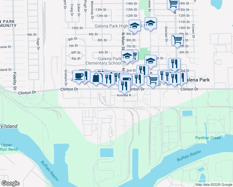 map of restaurants, bars, coffee shops, grocery stores, and more near 1910 Avenue K in Galena Park