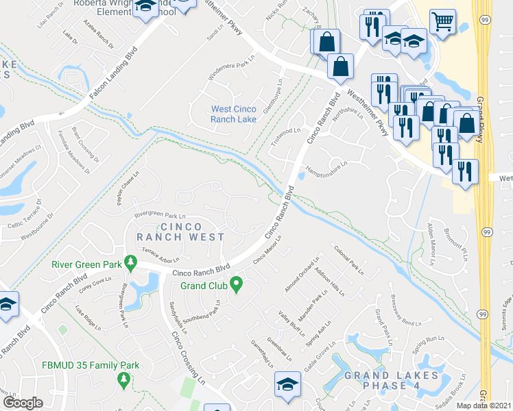 map of restaurants, bars, coffee shops, grocery stores, and more near 24907 Falling Water Estates Lane in Katy