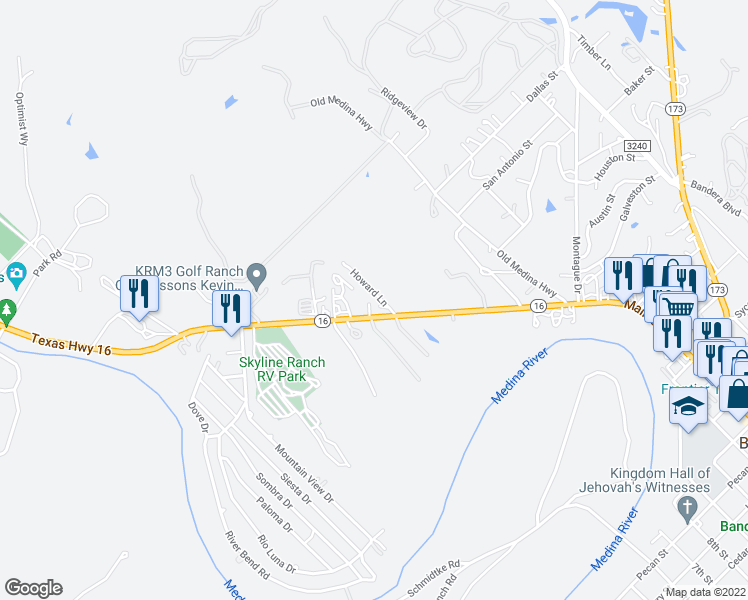 map of restaurants, bars, coffee shops, grocery stores, and more near 179 Howard Lane in Bandera