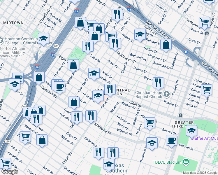map of restaurants, bars, coffee shops, grocery stores, and more near 3204 Paige Street in Houston
