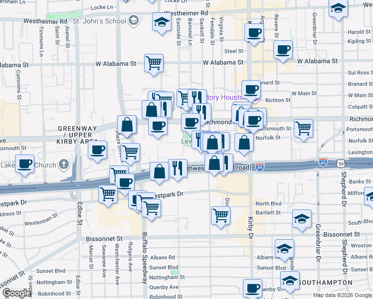 map of restaurants, bars, coffee shops, grocery stores, and more near 3000 Southwest Freeway in Houston