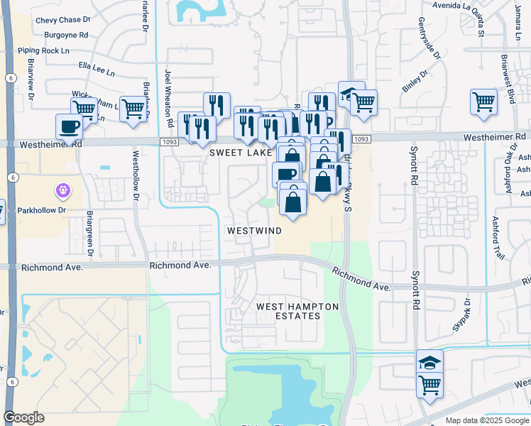map of restaurants, bars, coffee shops, grocery stores, and more near 2919 Shadow Trail Drive in Houston