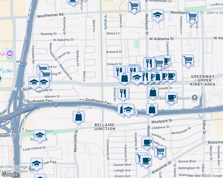 map of restaurants, bars, coffee shops, grocery stores, and more near 4235 Richmond Avenue in Houston