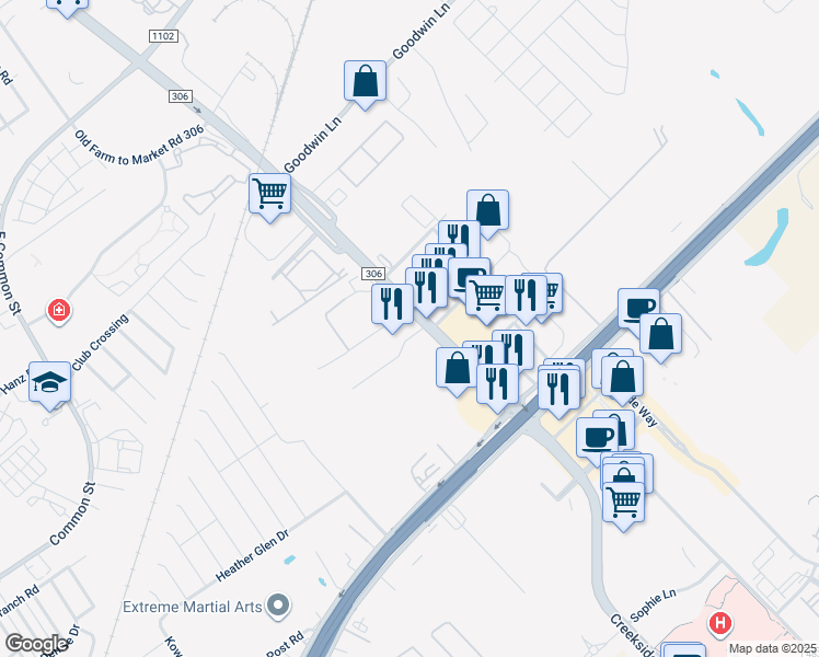 map of restaurants, bars, coffee shops, grocery stores, and more near 311 Farm to Market Road 306 in New Braunfels