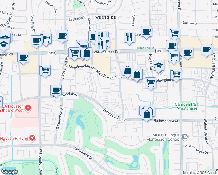 map of restaurants, bars, coffee shops, grocery stores, and more near 3000 Woodland Park Drive in Houston