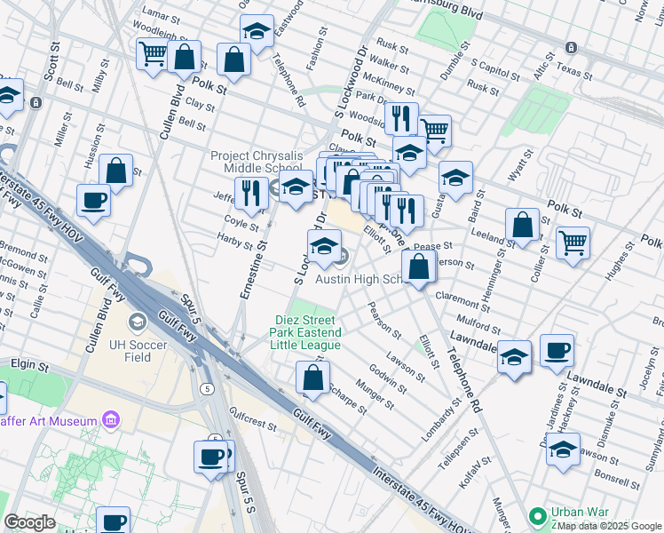 map of restaurants, bars, coffee shops, grocery stores, and more near 1700 Dumble Street in Houston