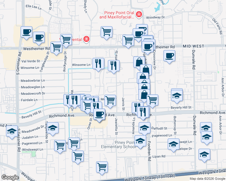 map of restaurants, bars, coffee shops, grocery stores, and more near 3100 Jeanetta Street in Houston