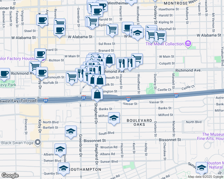 map of restaurants, bars, coffee shops, grocery stores, and more near 1947 Lexington Street in Houston