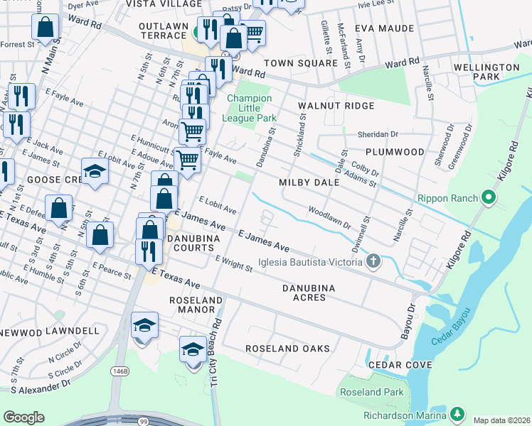map of restaurants, bars, coffee shops, grocery stores, and more near 1310 East James Avenue in Baytown
