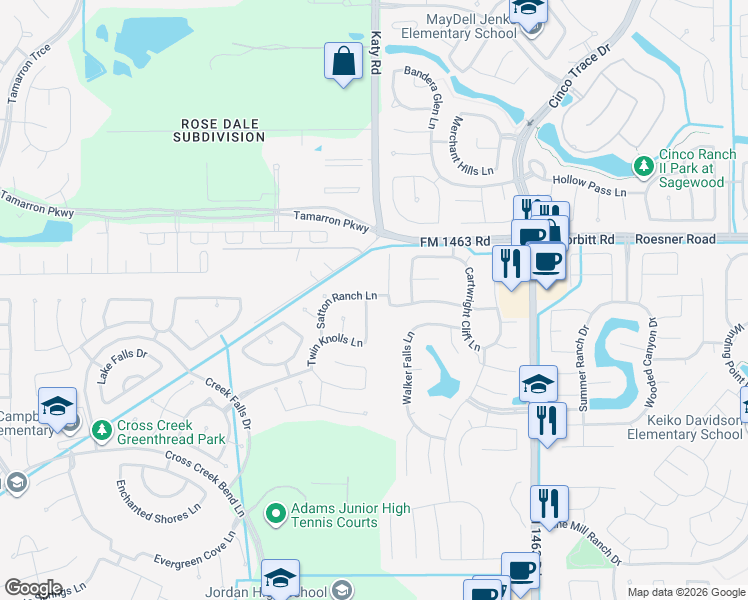 map of restaurants, bars, coffee shops, grocery stores, and more near 3515 Chestnut Grove Lane in Fulshear