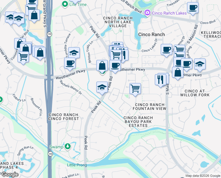 map of restaurants, bars, coffee shops, grocery stores, and more near 3814 Eagles Walk in Katy