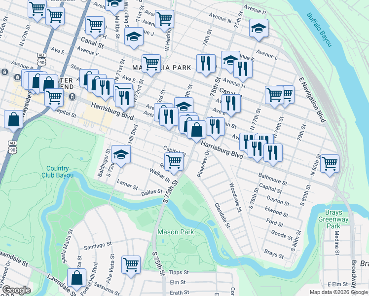 map of restaurants, bars, coffee shops, grocery stores, and more near 7414 Capitol Street in Houston
