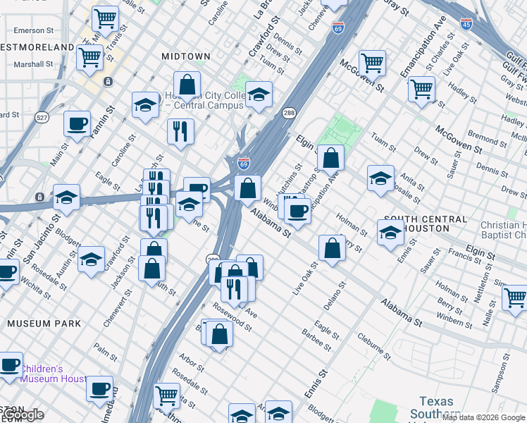 map of restaurants, bars, coffee shops, grocery stores, and more near 2120 Alabama Street in Houston