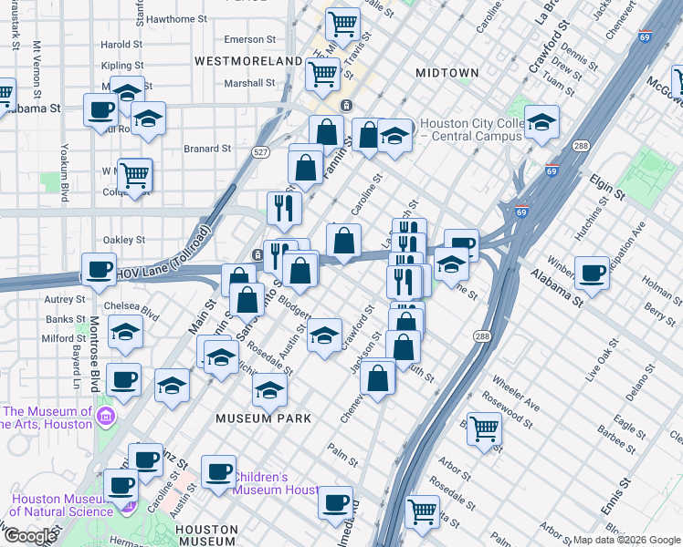 map of restaurants, bars, coffee shops, grocery stores, and more near 4402 La Branch Street in Houston