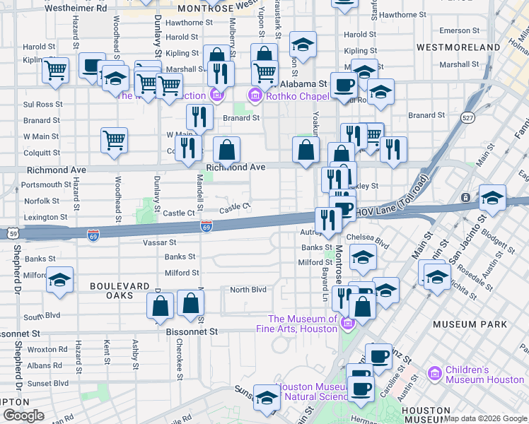 map of restaurants, bars, coffee shops, grocery stores, and more near 2403 Milam Street in Houston