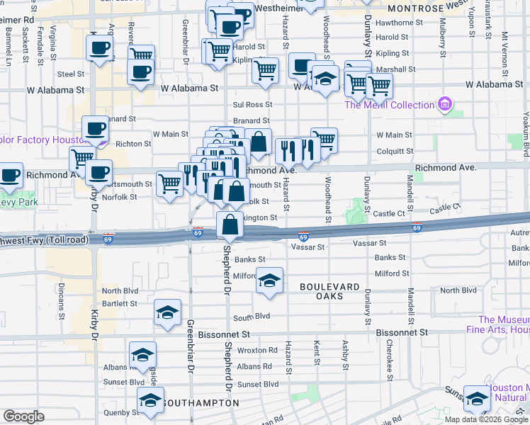 map of restaurants, bars, coffee shops, grocery stores, and more near 1947 Lexington Street in Houston