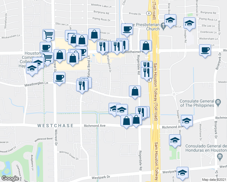 map of restaurants, bars, coffee shops, grocery stores, and more near 10700 Meadowglen Lane in Houston