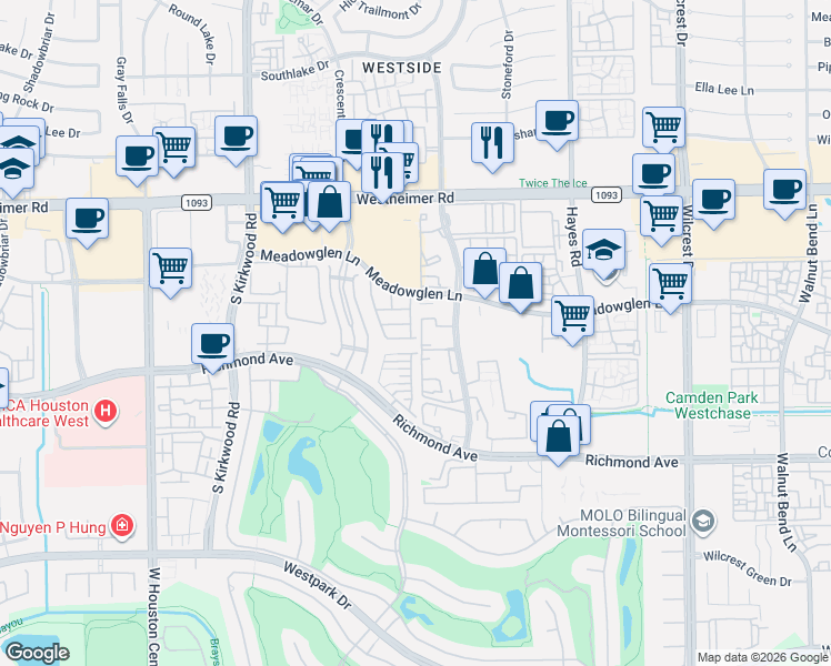 map of restaurants, bars, coffee shops, grocery stores, and more near 3000 Woodland Park Drive in Houston