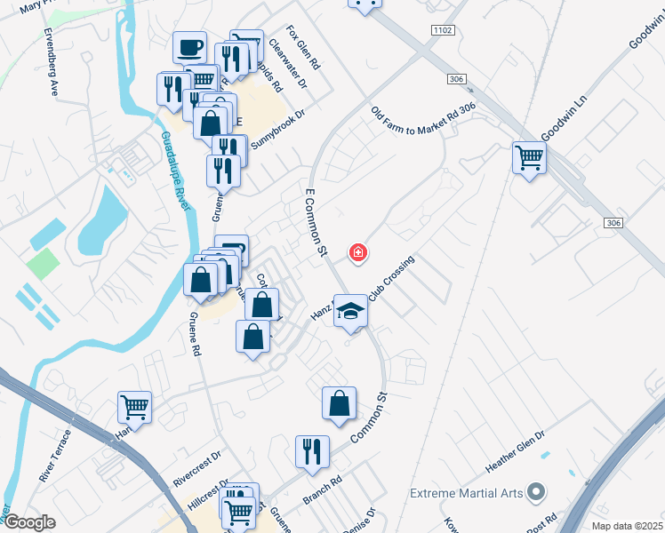 map of restaurants, bars, coffee shops, grocery stores, and more near 2020 Sundance Parkway in New Braunfels