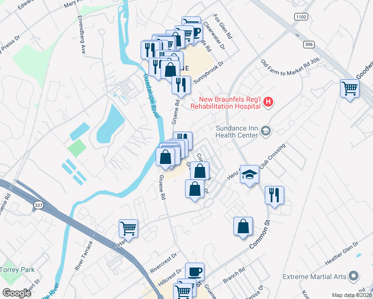 map of restaurants, bars, coffee shops, grocery stores, and more near 2321 Cotton Boulevard in New Braunfels