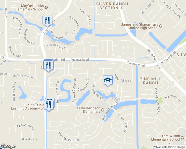 map of restaurants, bars, coffee shops, grocery stores, and more near Herons Pointe Lane in Katy