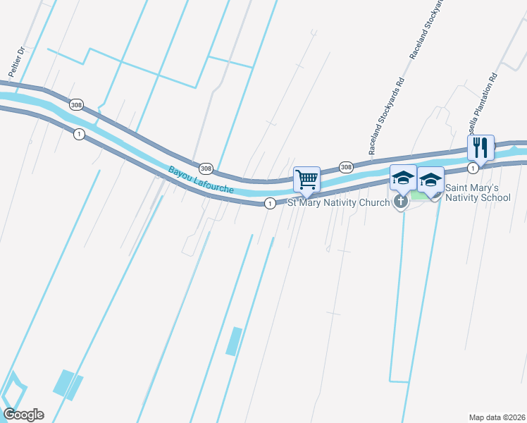 map of restaurants, bars, coffee shops, grocery stores, and more near 143 Mireille Lane in Raceland