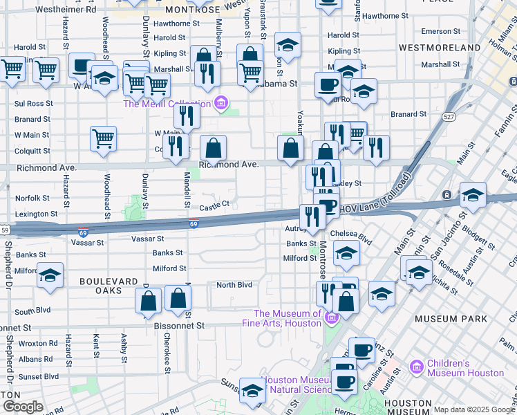 map of restaurants, bars, coffee shops, grocery stores, and more near 4508 Graustark Street in Houston