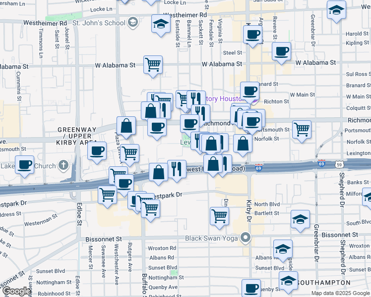 map of restaurants, bars, coffee shops, grocery stores, and more near 3815 Eastside Street in Houston